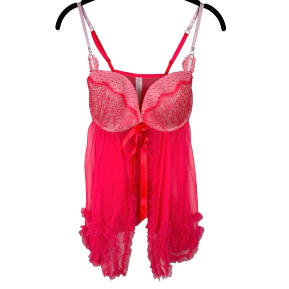 Victoria’s Secret Hot Pink Ruffle Push-Up Babydoll 36D Romantic Valentine Y2K - Picture 4 of 8